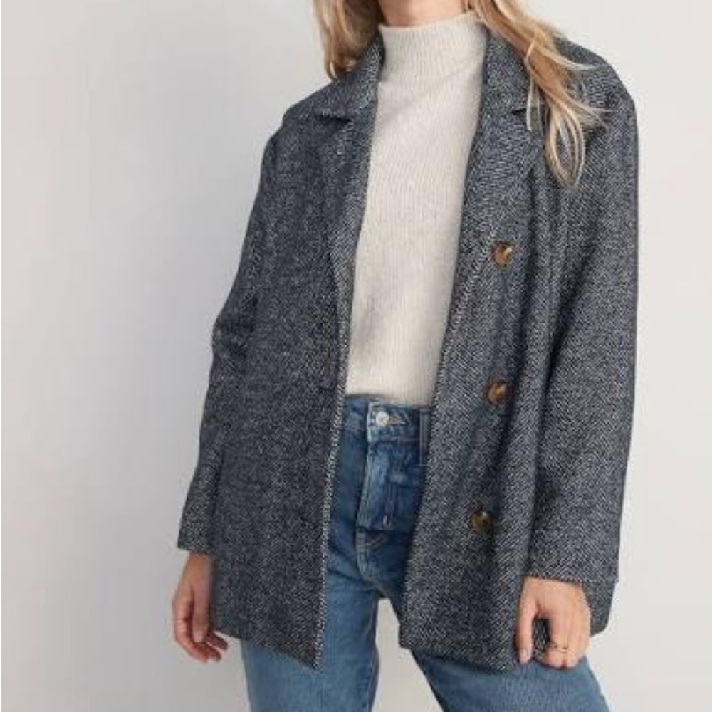 Old Navy Medium Navy and White Herringbone Pea Coat Tortoiseshell Buttons Jacket